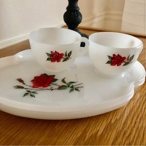Vintage Federal Milk Glass Rose Snack Plates & Cups (4 pieces)